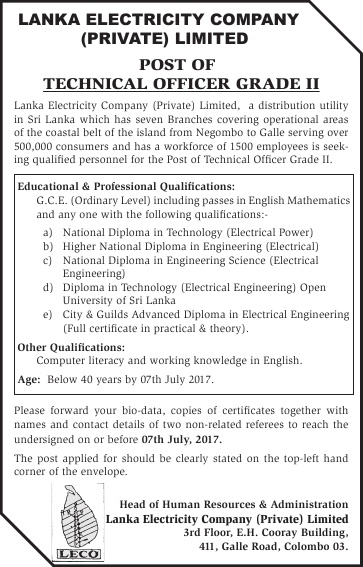 Technical Officer - Lanka Electricity Company (Pvt) Ltd